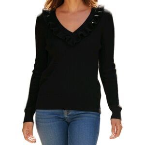 J Crew Black Sweater Ruffle V-Neck Merino Wool Womens Size XS Long Sleeve